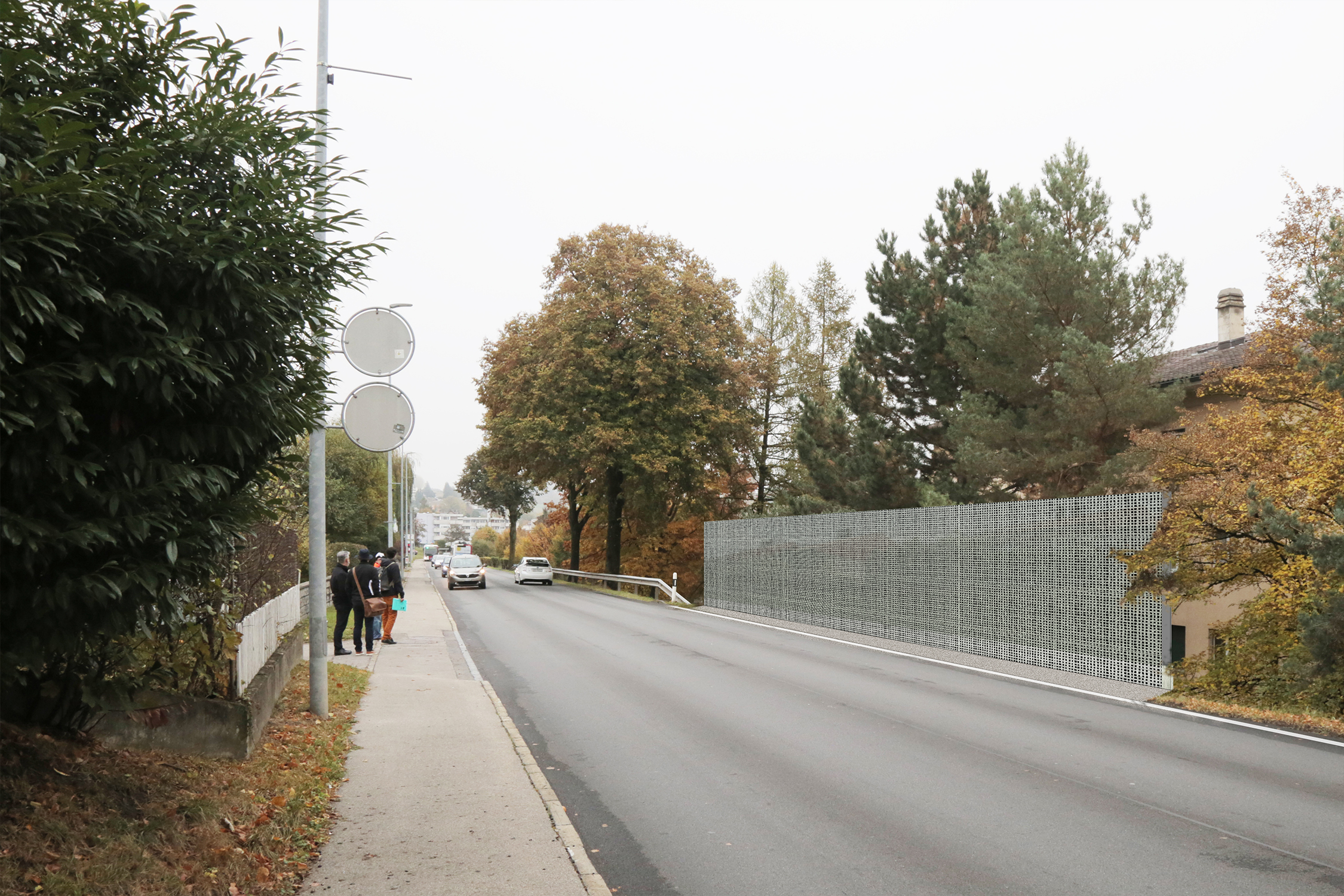 étude pour la construction de parois anti bruit à Marly, Fribourg. Intégration d'objets infrastructurels dans un village