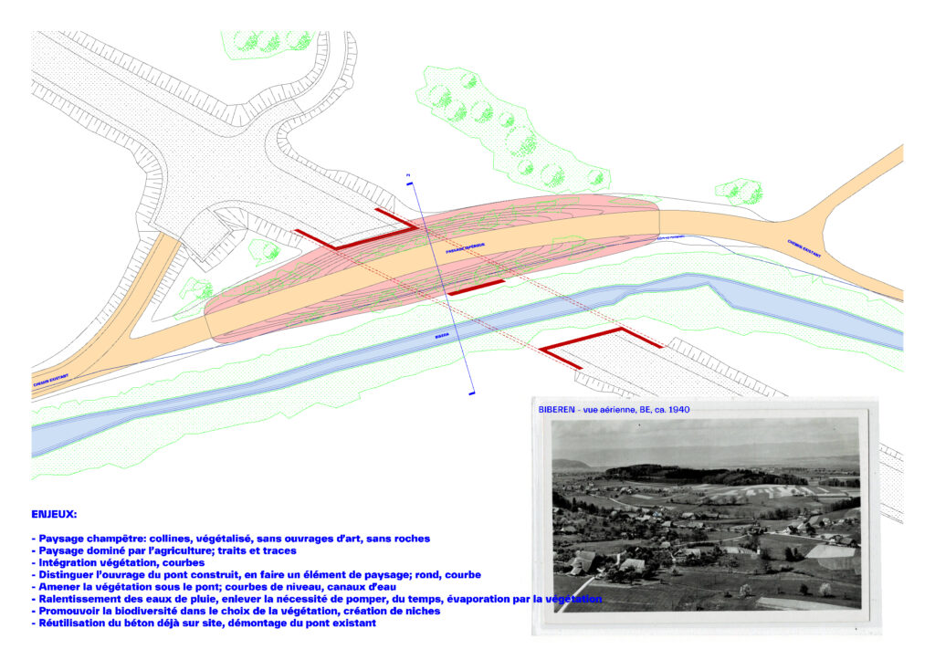 Déconstruction d'un pont à Bibera, Fribourg. Réemploi du béton armé pour la construction d'un passage inférieur. Intégration paysagère d'un ouvrage d'art dans un contexte champêtre