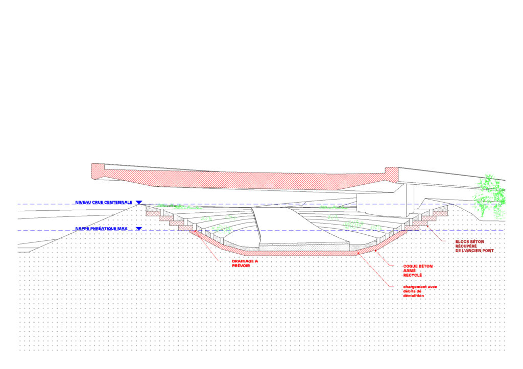 Déconstruction d'un pont à Bibera, Fribourg. Réemploi du béton armé pour la construction d'un passage inférieur. Intégration paysagère d'un ouvrage d'art dans un contexte champêtre
