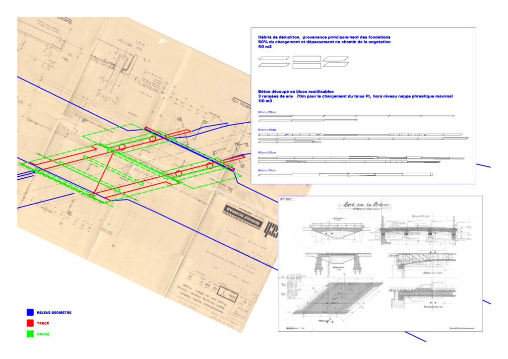 Déconstruction d'un pont à Bibera, Fribourg. Réemploi du béton armé pour la construction d'un passage inférieur. Intégration paysagère d'un ouvrage d'art dans un contexte champêtre