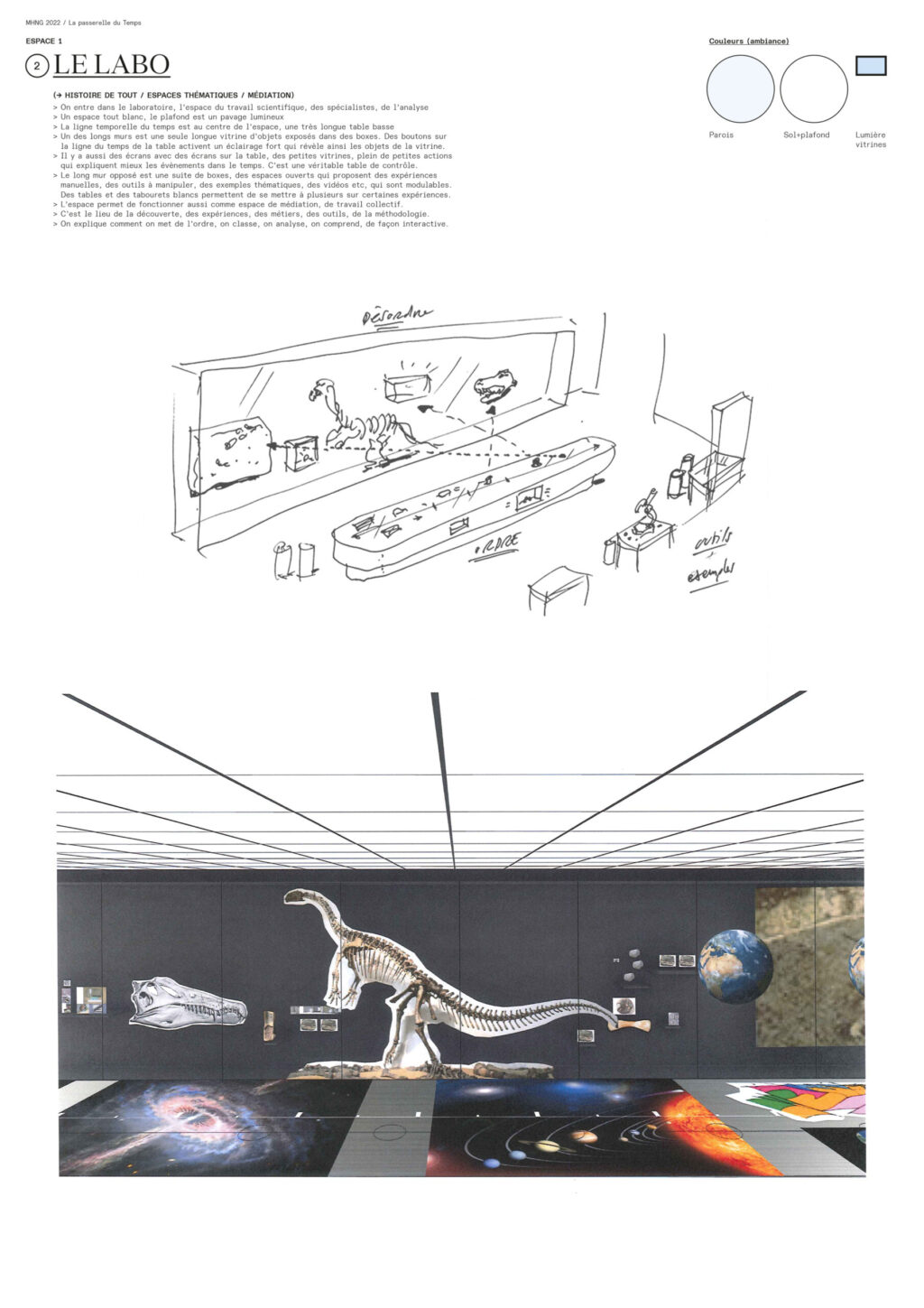 Le projet « double mètre » propose une nouvelle scénographie pour le Musée d’Histoire Naturelle de Genève (MHNG). Une réorganisation des espaces doit répondre à une constante évolution de la fréquentation. Pour ceci, une « ligne du temps » est imaginée. Articulée le long d’un parcours, les visiteurs-euses traversent au total 7 thématiques, chacune aménagées individuellement à travers la matérialité, ambiance et expositions.